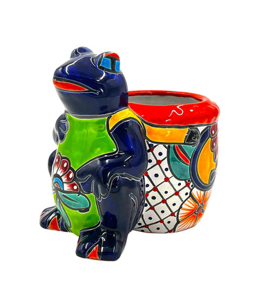 Mexican Talavera Standing Frog with Basket Planter Pot Hand Painted - Dark Blue Trim